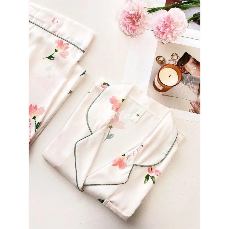 

Новая пижама из 2 предметов из ледяного шелка для женщин, осенне-весенний женский пижамный комплект, элегантная домашняя одежда с цветочным принтом, мягкая одежда для сна M