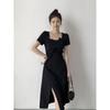 French Retro Dress Square Collar Niche Design Senior Sense of Black Waist-skimming Temperament Dress