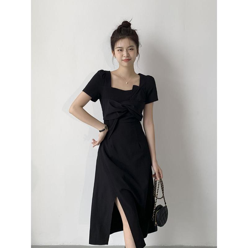 French Retro Dress Square Collar Niche Design Senior Sense of Black Waist-skimming Temperament Dress
