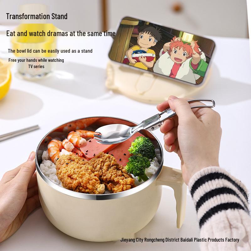 Large Capacity Japanese Style 304 Stainless Steel Insulated Noodle & Rice Bowl with Drain for Students & Office Workers