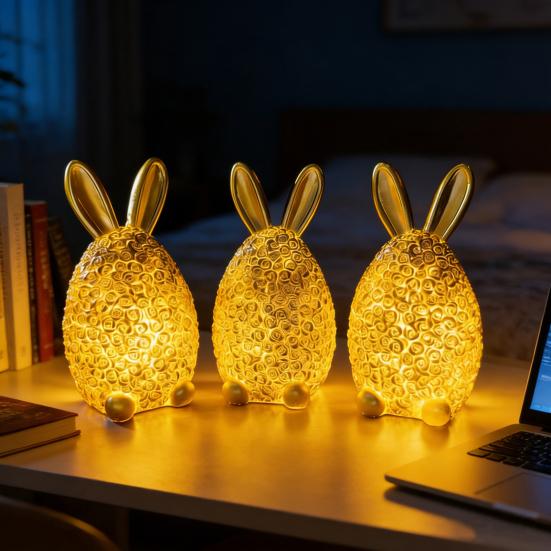 Rose Rabbit Figurine Resin Light-up Rabbit Ornament Easter Bunny Egg Figurine with LED Light for Home Party Decoration Holiday Gift