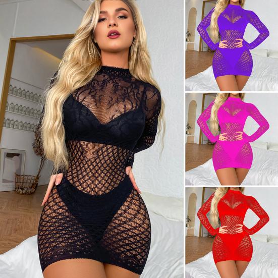 Women's Long Sleeve Bodycon Mini Dress Mock Neck Hollow Out Sheer Mesh Cover Up Dress Backless Erotic Clothes