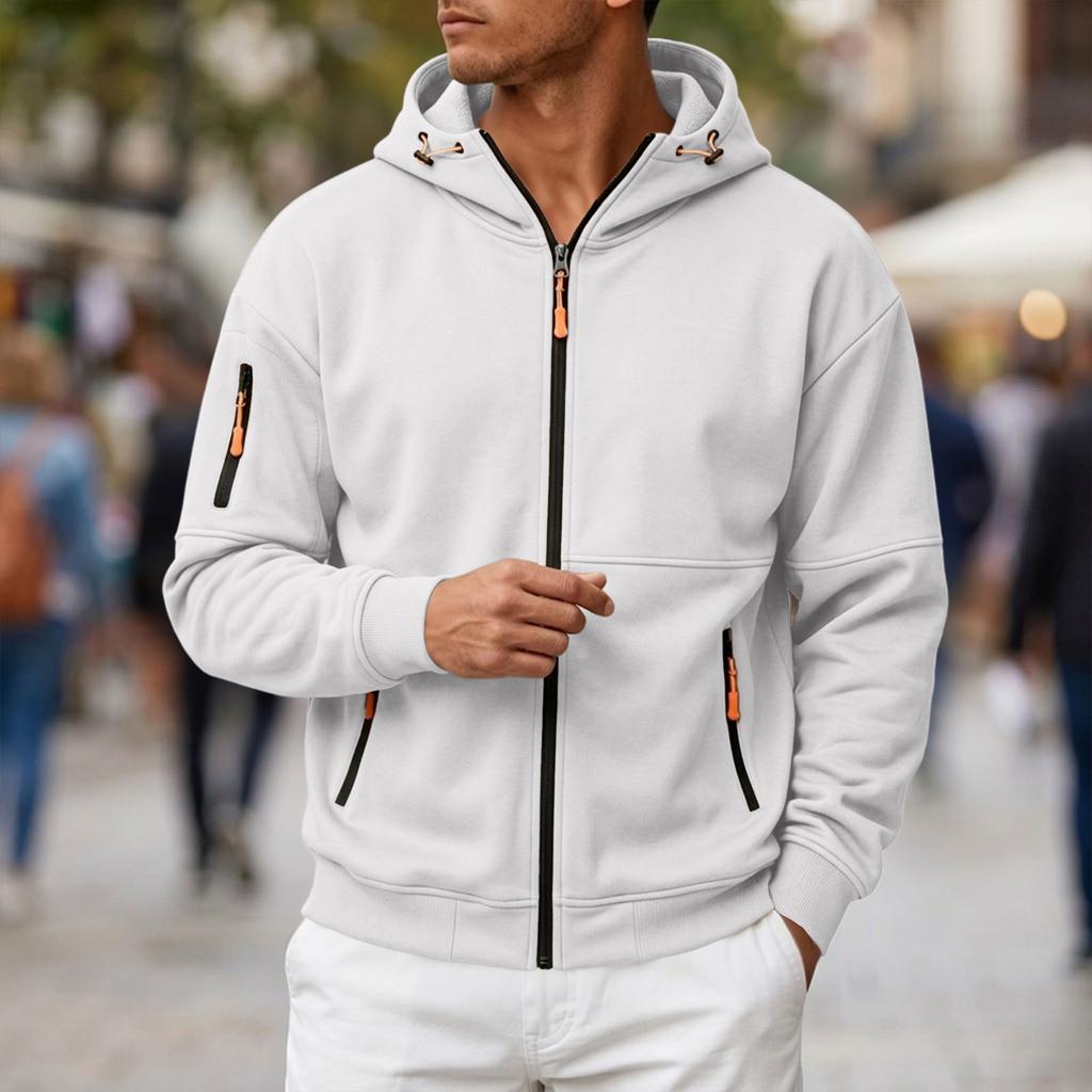 Men's Casual Long Sleeve Hooded Zip-Up Sweatshirt with Multiple Pockets and