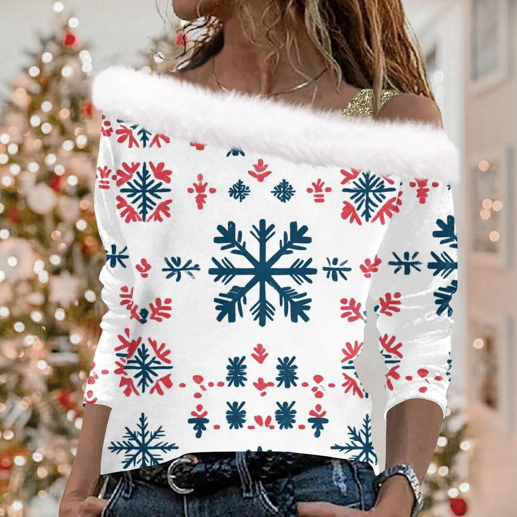 Women's Christmas Snowflake Print Long Sleeve Twill Pullover Collar Top