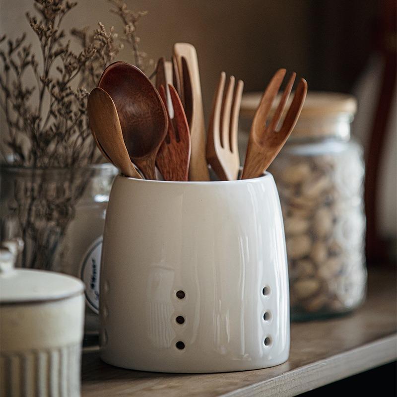 Modern Kitchen Storage Jar - Simple White Ceramic Utensil Crock for Cutlery, Chopsticks, and Spoons - Also Works as a Pen Holder