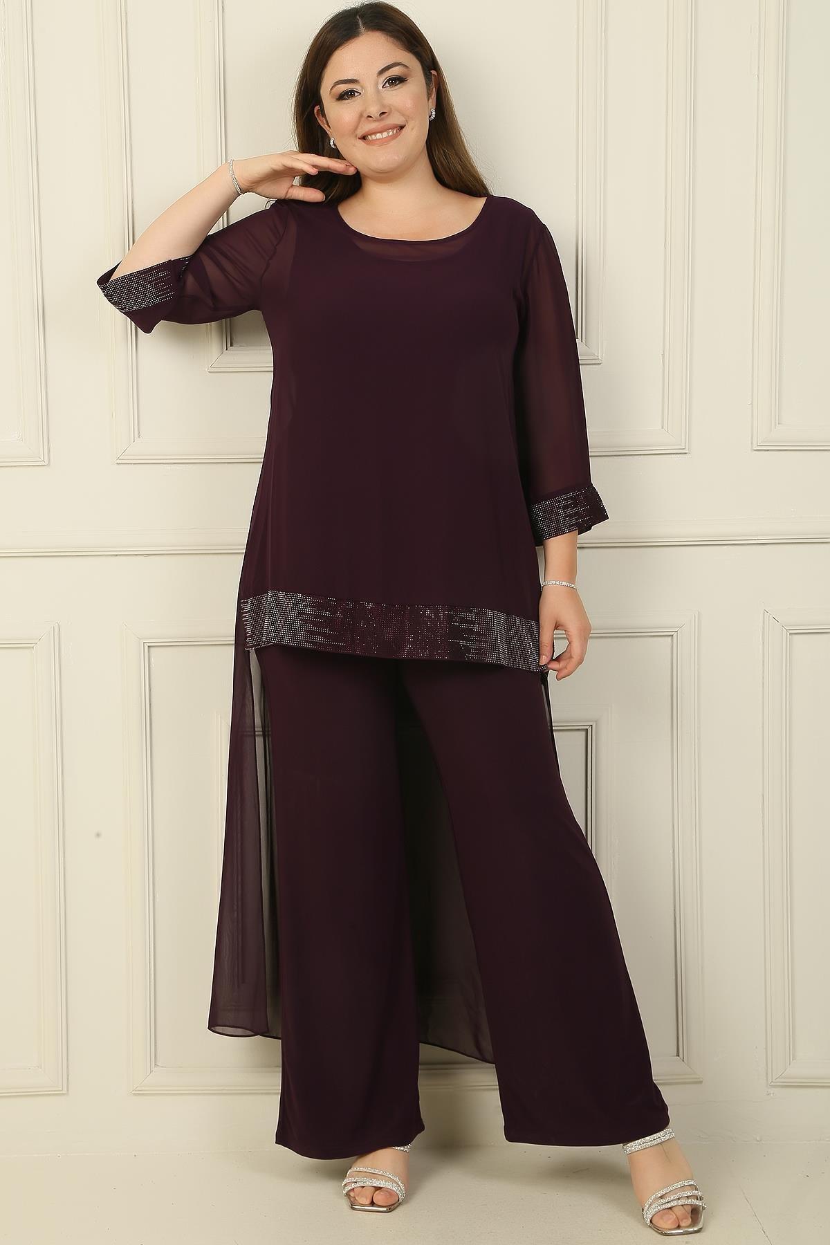 

Комбинезон больших размеров из шифона и лайкры с камнями песочного цвета 3XL фиолетовый