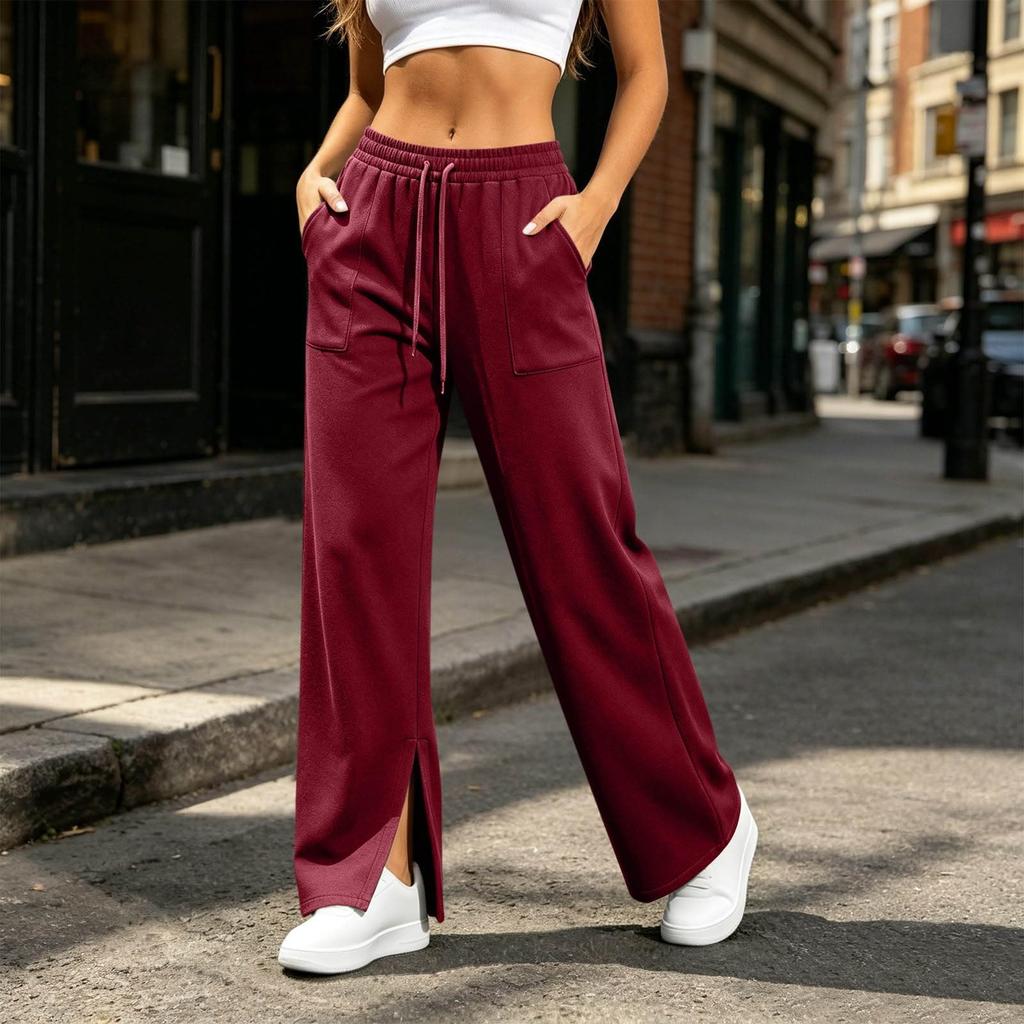 Women's Casual High Waist Wide Leg Split Hem Sweatpants Loose Fit Pants