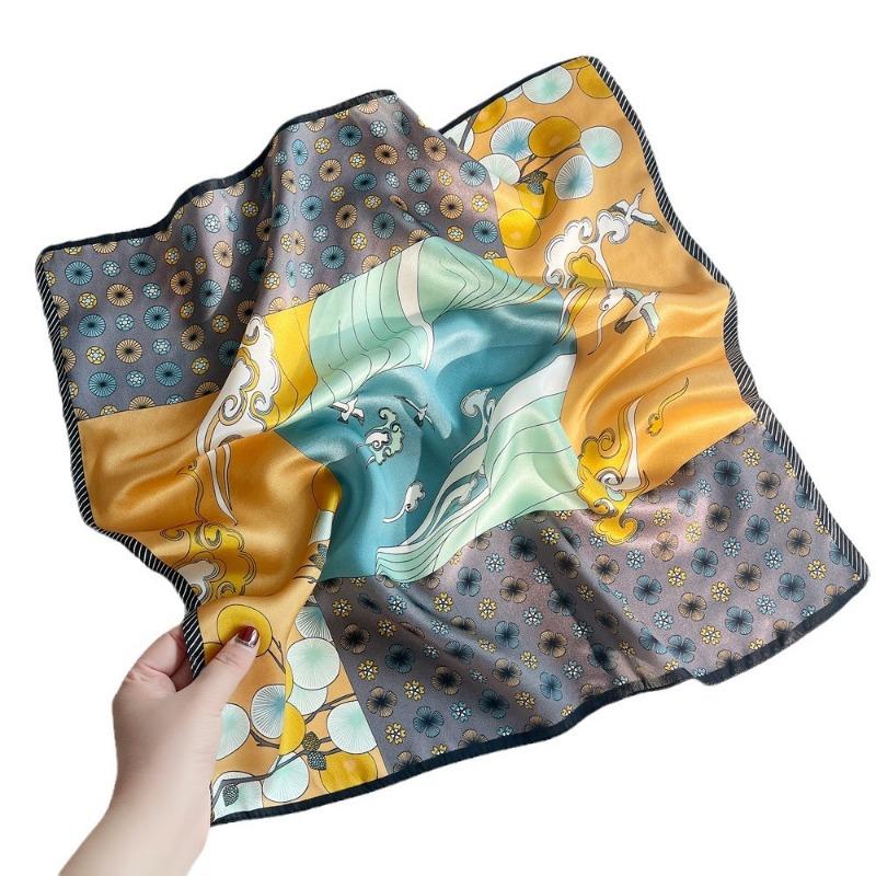 Spring New Chinese Plain Crepe Satin Printed Silk Scarf Women's Elegant Versatile Mulberry Silk Small Square Scarf