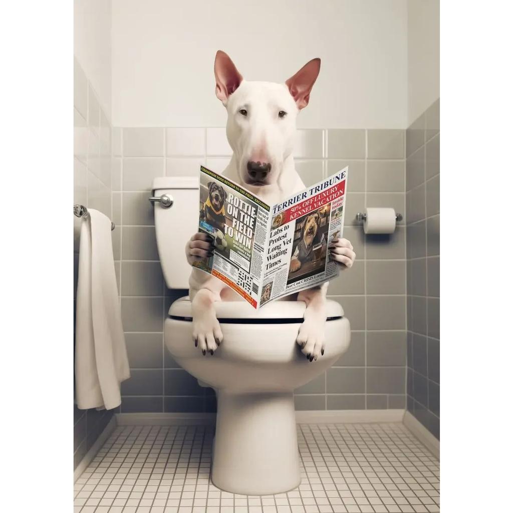 Dog Monkey Highland Cow Sitting on The Toilet Reading Newspaper Poster Animal Print Canvas Painting Funny Bathroom Wall Decor