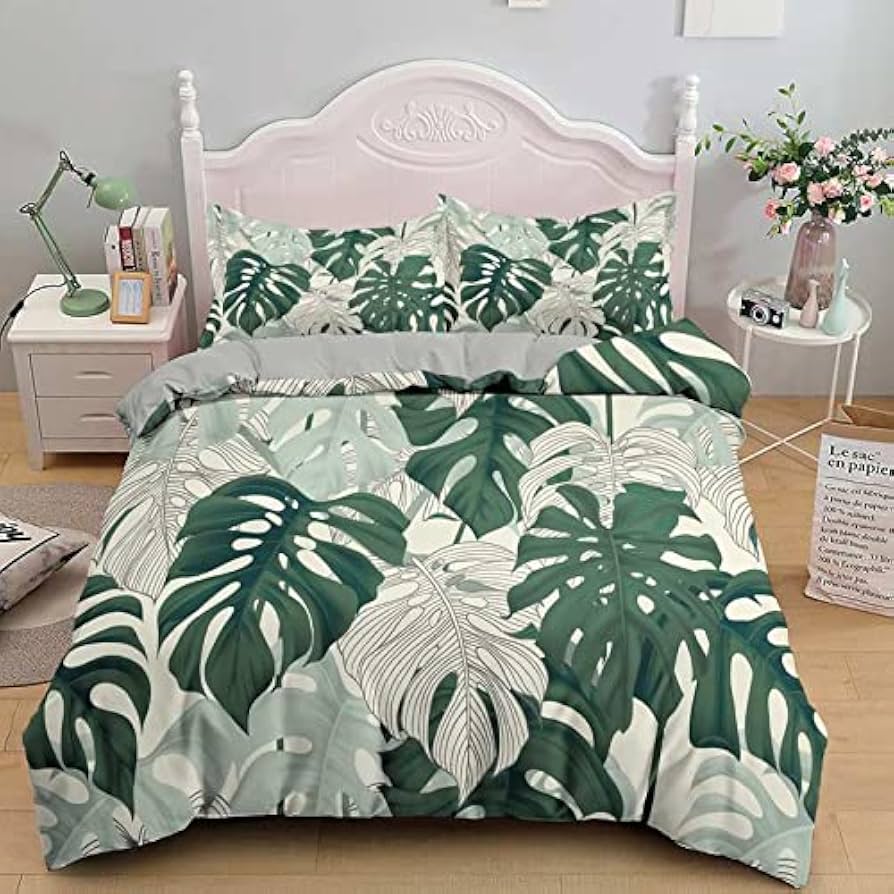 Green Palm Leaves Duvet Cover Twin Queen Size Hawaii Tropical Botanical Plant Leaf Bedding Set Summer Rainforest Comforter Cover