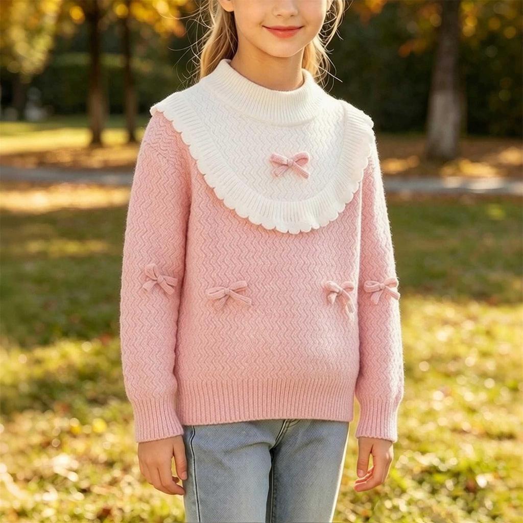 Girls' Knit Sweater with Round Neck Long Sleeve Pullover