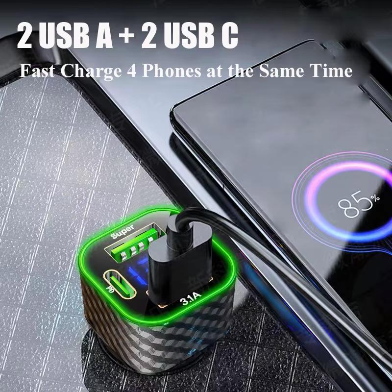 380W Car Phone Charger USB C Dual PD 4 in 1 with Voltage Display Super Fast Charge Adapter For iPhone Xiaomi Oppo Vivo Samsung