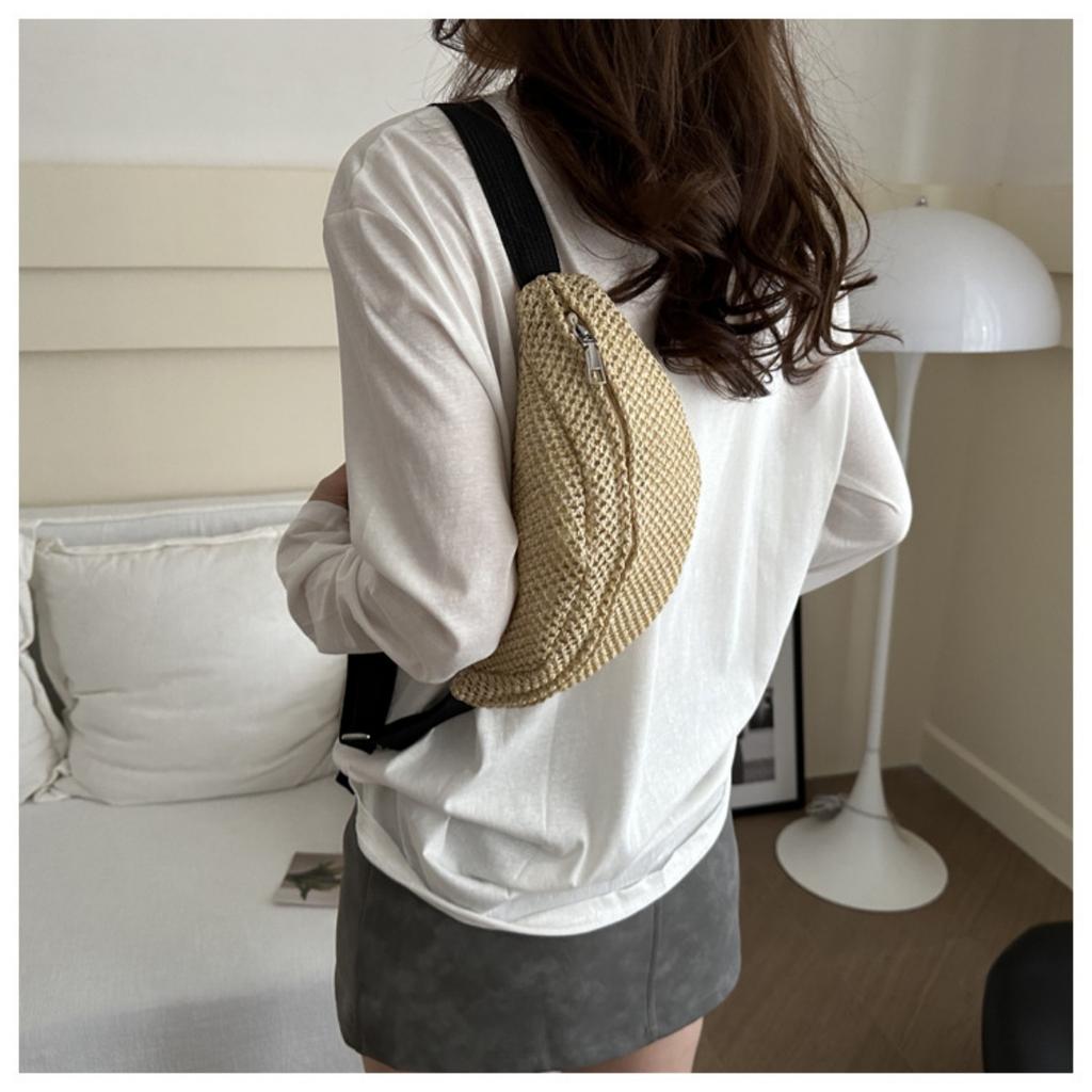 Women'S Stylish Woven Chest Bag - Light Brown, Crossbody Sling Phone Pouch with Zipper Closure, Versatile Waist Pack for Beach, Beach Bag