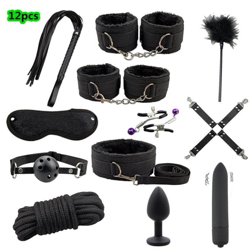 7/10/12/35pcs BDSM Bondage Restraint Kit Bullet Vibrator Handcuff Whip Mouth Gag Anal Bead Butt Plug Adult Game