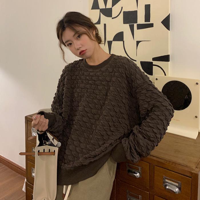 Korean Jacquard Pleated Pullover Hoodie - Autumn/Winter 2023 Chic Casual Soft Thick Top