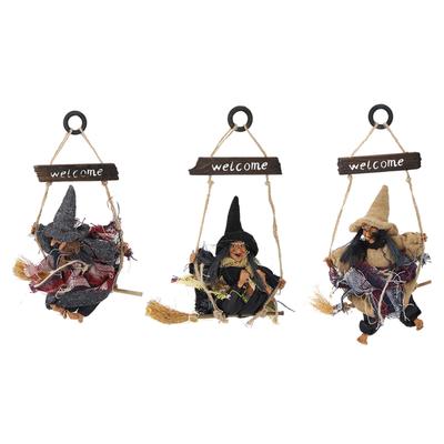 Lifelike Hanging Flying Witch with Broom Decor Ornament Door Decoration for Halloween