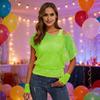 Damen 80er 90er Neon Party Outfit Sexy Netz-Einteiler mit einer Schulter T-Shirt Handschuhe Bündchen Beinwärmer für Mottoparty Karneval Kostüm