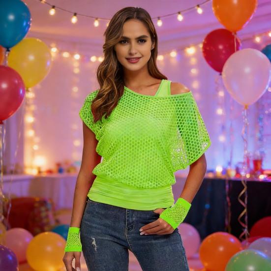 Damen 80er 90er Neon Party Outfit Sexy Netz-Einteiler mit einer Schulter T-Shirt Handschuhe Bündchen Beinwärmer für Mottoparty Karneval Kostüm