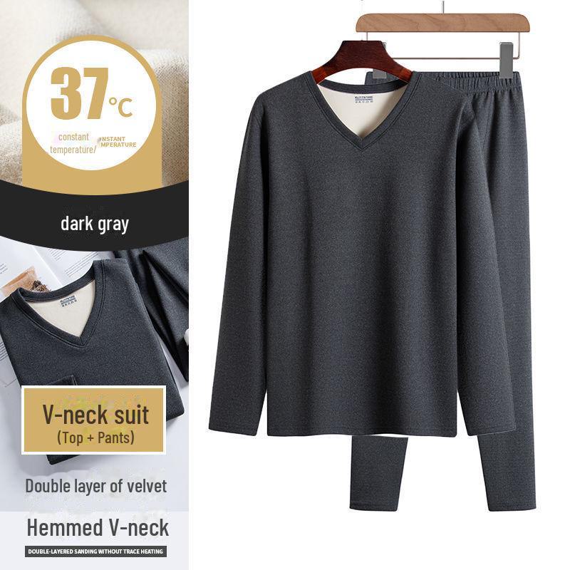 Men's Two-Color German Velvet Warm Suit: No-Pill V-Neck/Round Neck Top & Bottom Set for Autumn/Winter.