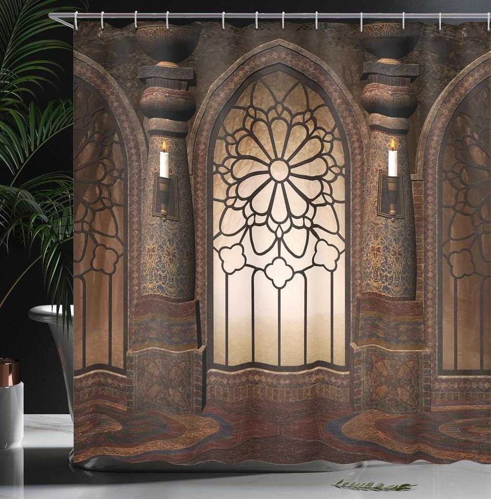 Gothic Cathedral Stained Glass Shower Curtain Medieval Art Decor Linen180X180