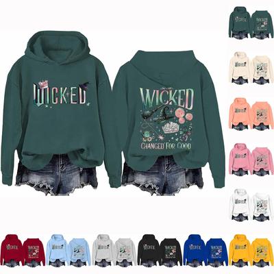 Women's Casual Long Sleeve Pullover Witch Print Hooded Sweatshirt