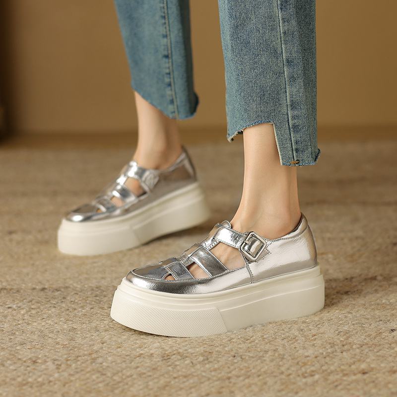 Krazing Pot Baskets en cuir véritable pour femme, chaussures décontractées, printemps, automne, été, plateforme, sangles à boucle, couleur argent