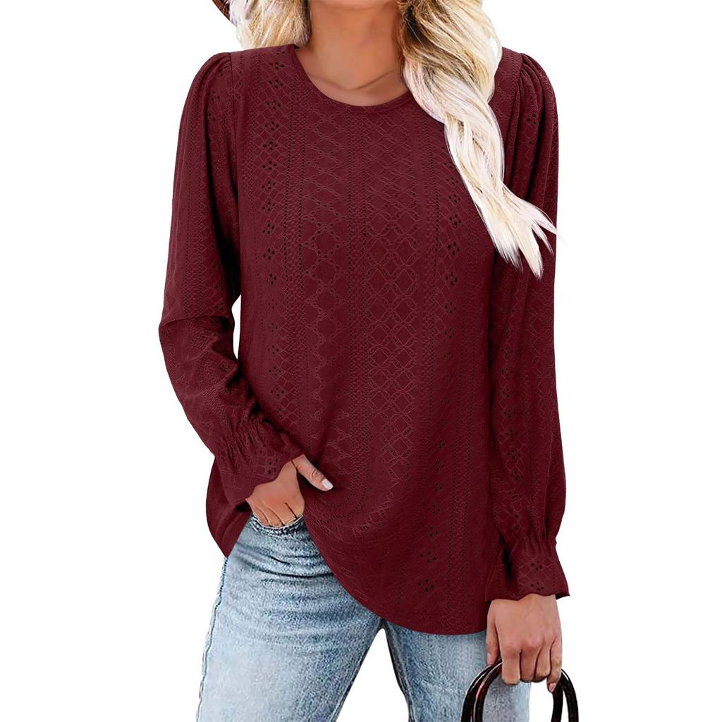 Women's Fashionable Solid Color Round Neck Long Sleeved Casual Loose Top
