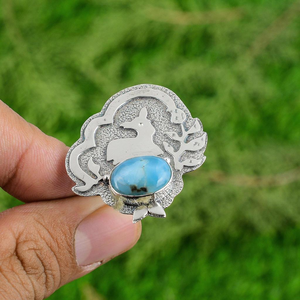 Natural Larimar Statement Anniversary Handmade Wedding Ring 925 Sterling Silver