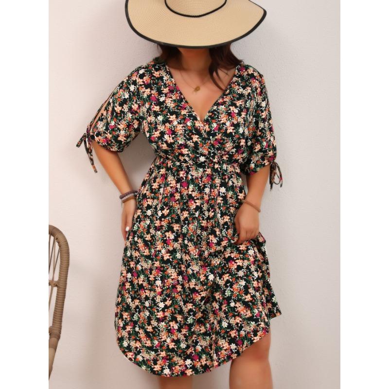 Große Größe Temperament Elegant V-Ausschnitt Taille Spleißen Blumenkleider