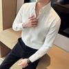 Men Spring Fall Shirt Frence Style Turn-down Collar Slim Fit Waffle Texture Single-breasted Long Sleeves Pure Color Mid Length Young Formal Top