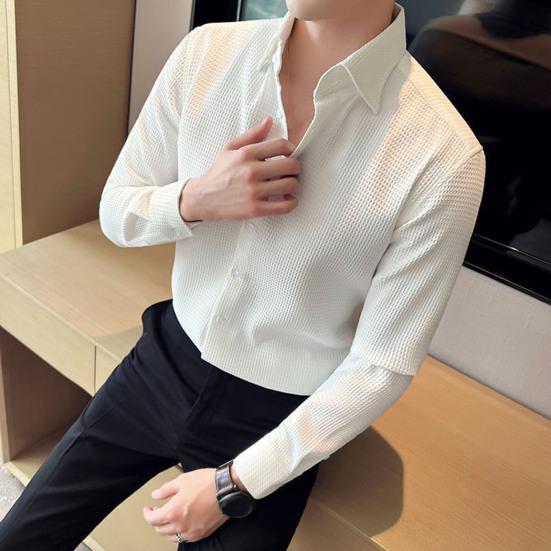 Men Spring Fall Shirt Frence Style Turn-down Collar Slim Fit Waffle Texture Single-breasted Long Sleeves Pure Color Mid Length Young Formal Top