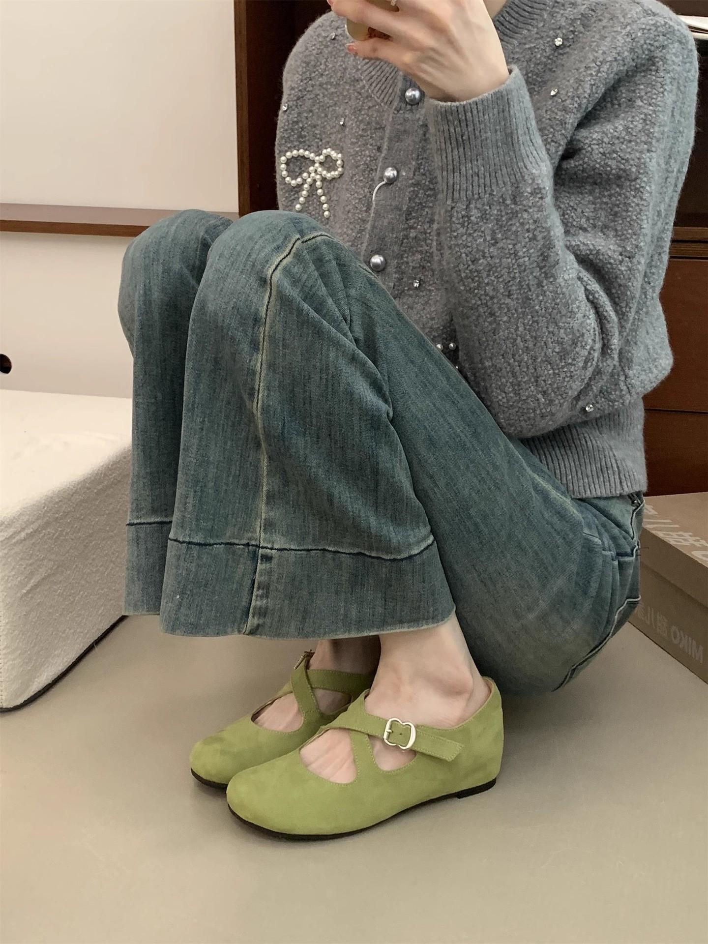 

Versatile commuter inner height increase ballet shoes round head shallow mouth single shoes women s French cross buckle fashion Mary Jane women 40 зелёный