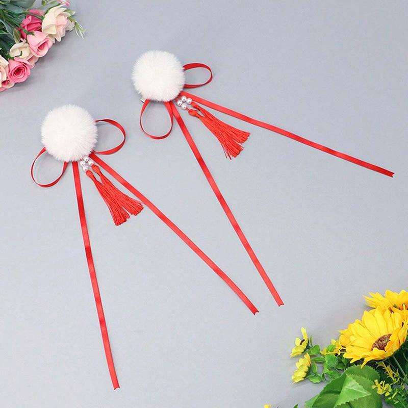

1pair Chinese Tassel Hair Clips Lolita Girl Hair Ribbon Bobbles Barrette Ribbon Hair Clip Plush Ball Hairpin Hanfu Hair Accessories червоний