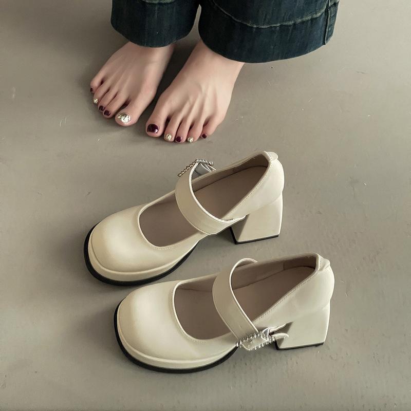 Simple Retro Thick Heel Mary Jane Shoes Women's Summer French Fashion Solid Color Single Shoes Casual One-word Buckle High Heels