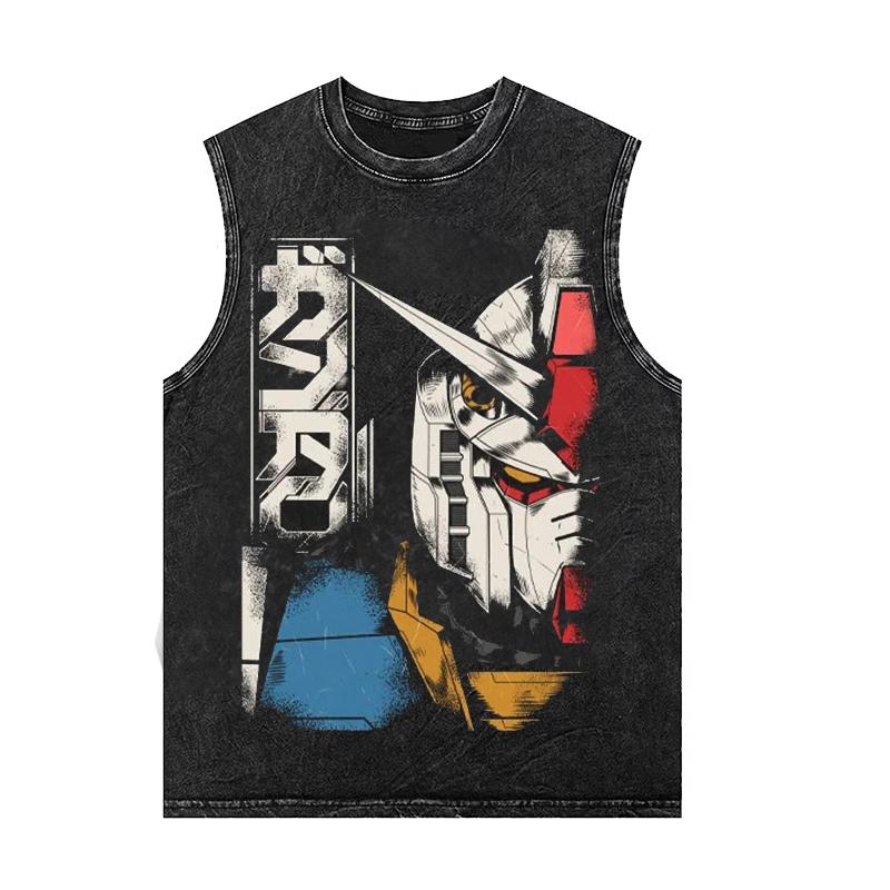 Anime Gundam Men's Tank Tops Printed Summer Women's Gym T Shirts Oversized Vintage Washed Vest Sleeveless Shirt Y2k Clothes