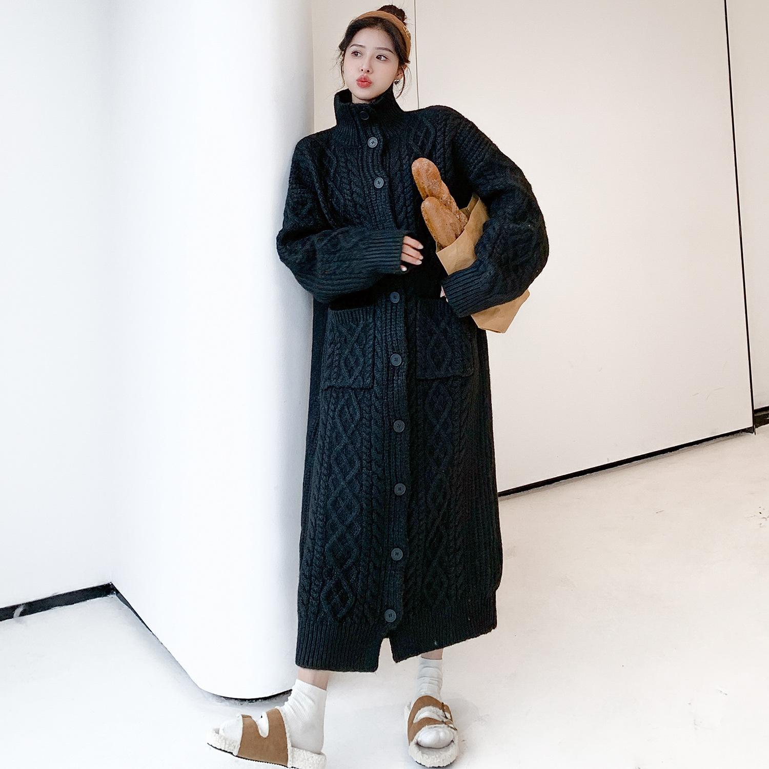 

Уличная одежда Длинный вязаный кардиган Женский свитер большого размера Пальто Корейский однобортный трикотажный жакет Зимние толстые повседневные джемперы XS чёрный