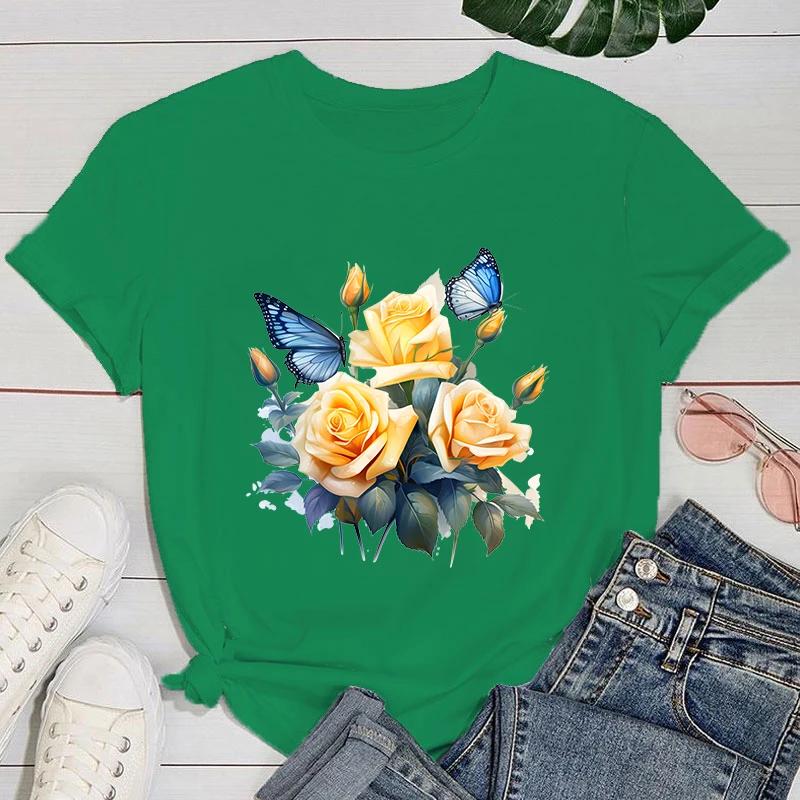 (Premium T-shirt)Flowers Butterfly T-Shirt Women Fashion Harajuku T Shirt Summer Cool Short Sleeve Hip Hop Top Tee