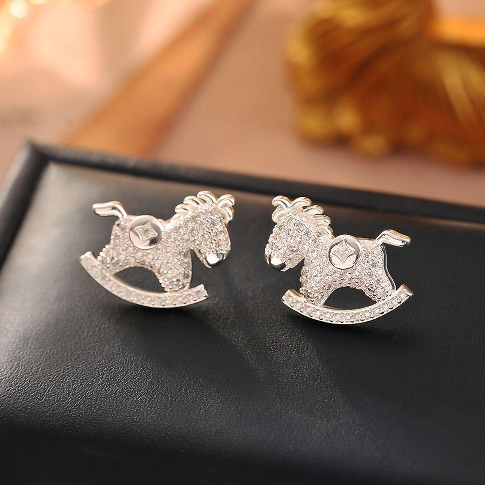 Chinese Style Zircon Horse Earrings Cartoon New Year Ear Studs Crystal Zodiac Pony Earrings  Women