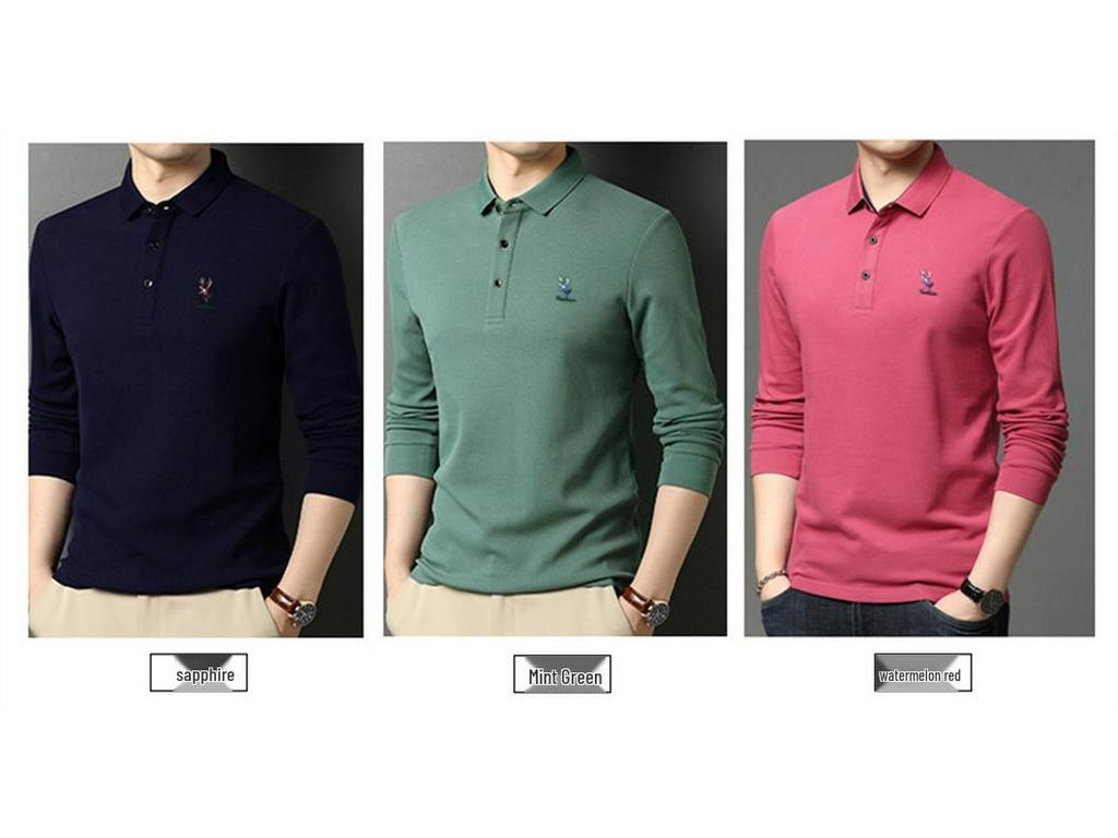 Woodpecker Men's Burgundy Lapel Long Sleeve Polo Shirt - Autumn/Spring Thin Style for Middle-aged Dads