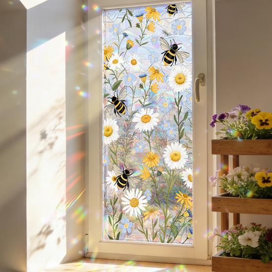 Decorative Window Decal Sun Catcher Static Film, Flower Butterfly Self-Adhesive Glass Sticker, Anti-Glare Tint Removable Privacy Cling for Home Office