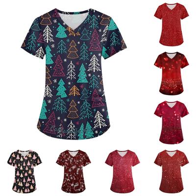 Plus Size Printed Scrub Working Uniform Tops For Women's Cross V Neck Christmas Print Short Sleeve Fun T-Shirts Workwear Tee With Pockets