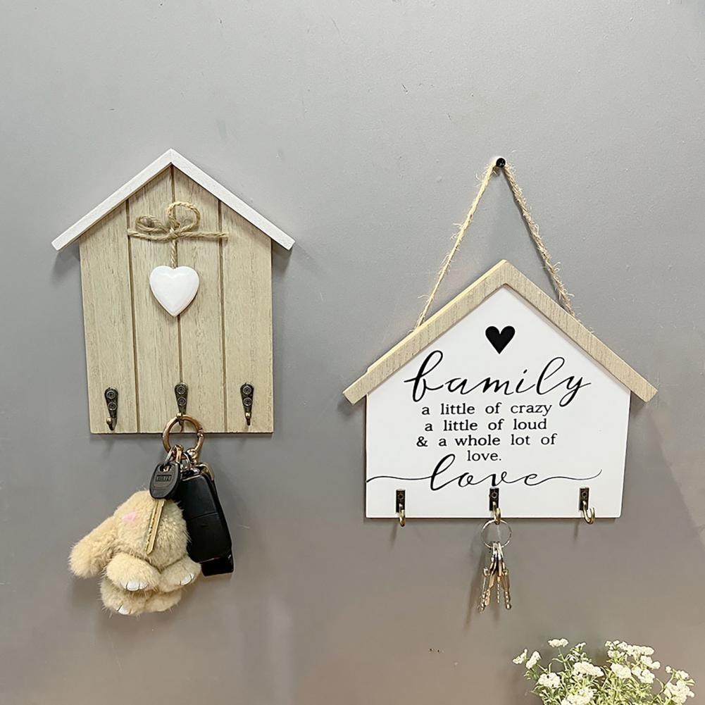 House-shaped Key Rack Wall Wooden Key Holder with 3 Hooks Decorative Key Organizer Mail Rack with Shelves for Entryway Kitchen