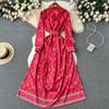 Autumn Fashion Brand Designer Letters Print Red Vintage Maxi Dress Women Long Sleeve Turn Down Collar Belt Lace Up A Line Party Robe
