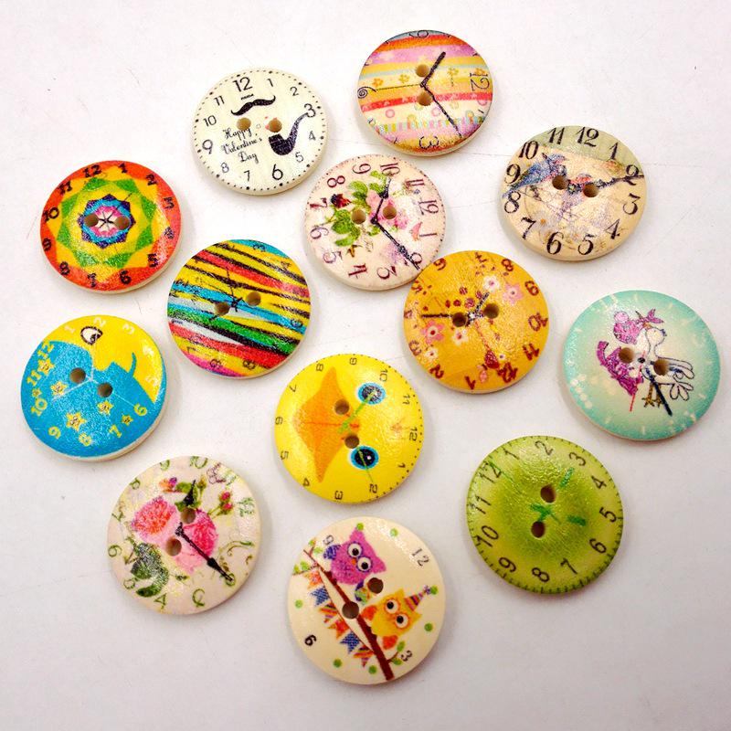 50Pcs Mixed DIY Retro Clock Wooden Scrapbooking Buttons Cartoon Sewingl Craft