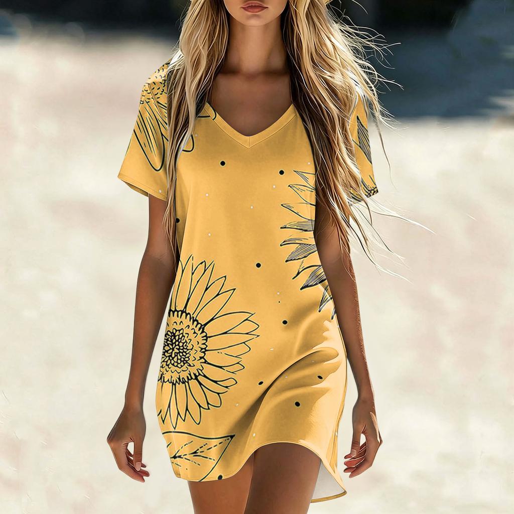 Womens Summer Casual V Neck Short Sleeve Floral Print Dress Lightweight Loose Fit Mini Dress for Daily Wear