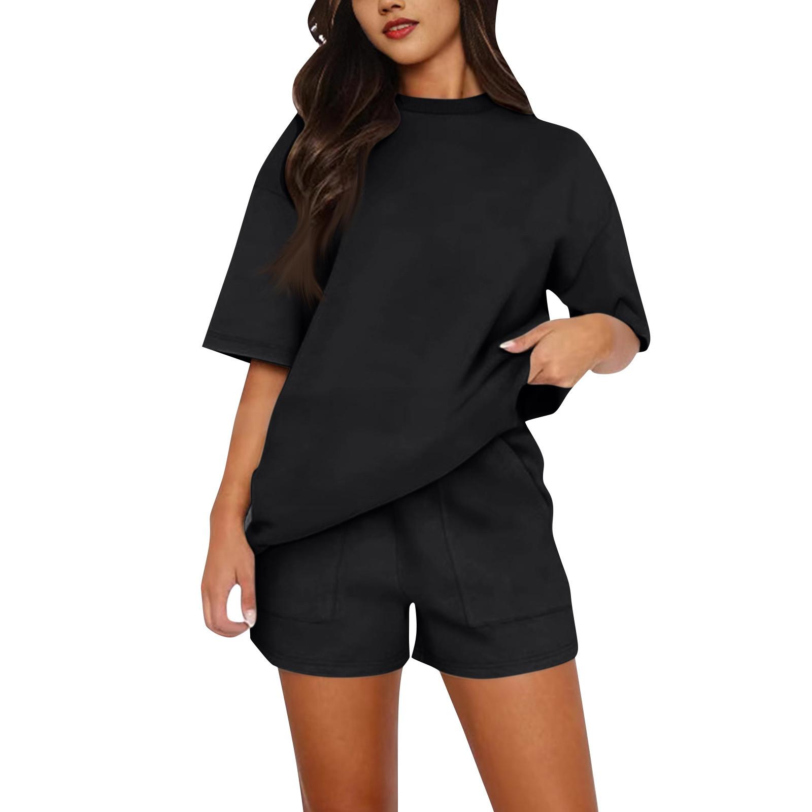 

Женский летний свободный жилет для пляжного отдыха с круглым вырезом и элегантной рубашкой с коротким рукавом и шортами L чёрный