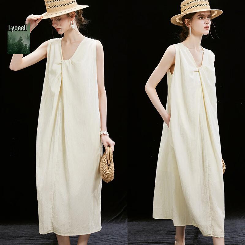 French V-Neck Twist Knot Sleeveless Tencel Blend Dress L