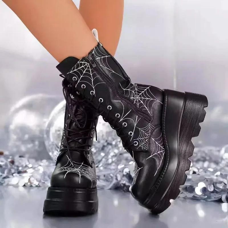 2024 Autumn/Winter New Women's Boots Comfortable Slope Heel Thick Bottom Spider Web European and American Large Short Boots