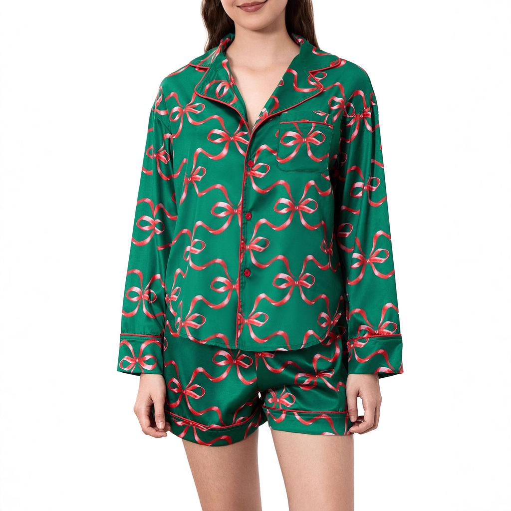 European and American Women's Clothing Autumn and Winter Christmas Long-sleeved Shirt Shorts Pajamas Set Women's Long Sleeves