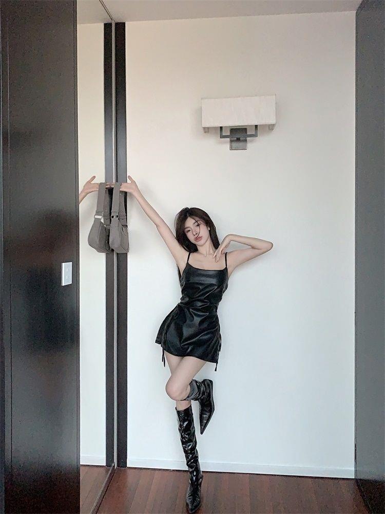 French Hepburn Style PU Leather Little Black Dress with Pleated Mini Skirt, Slimming Slit, and Spaghetti Straps